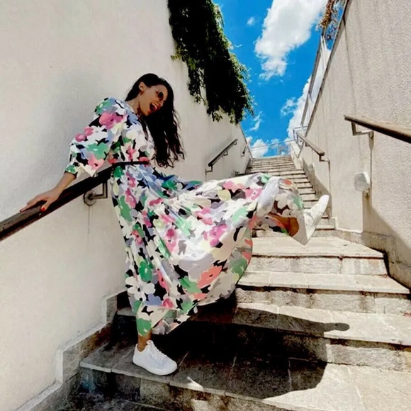 🦋 Bloggers Favorite 🦋 H&M X Rocky Barnes Floral Cotton Kaftan Maxi Dress Sz S - Picture 5 of 16